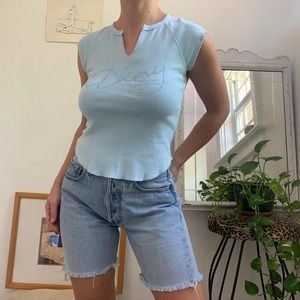 Vintage Y2k DKNY Jeans Baby Blue Bedazzled Muscle Tee Size S